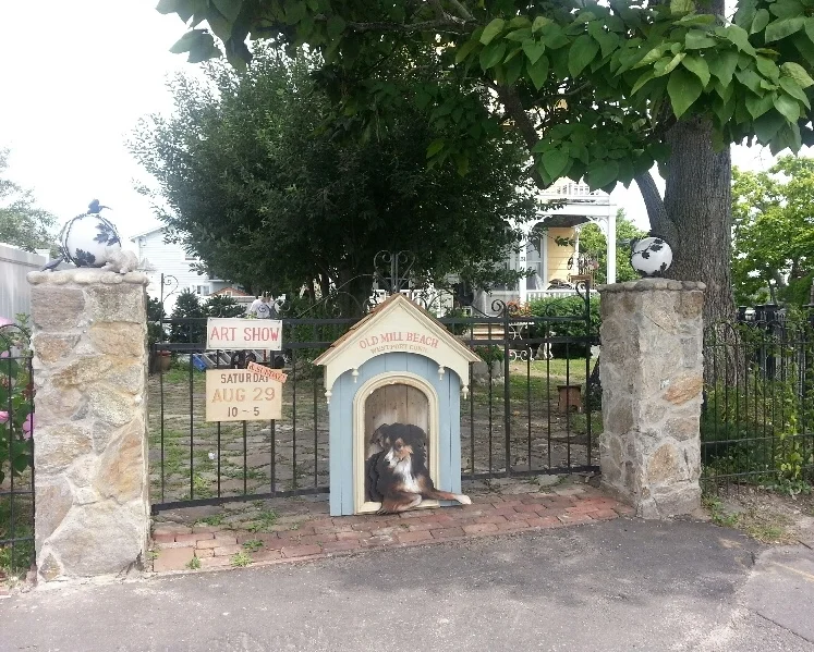 Dog made and painted by Clark. Tall "tree" in background is a Pussy Willow!  