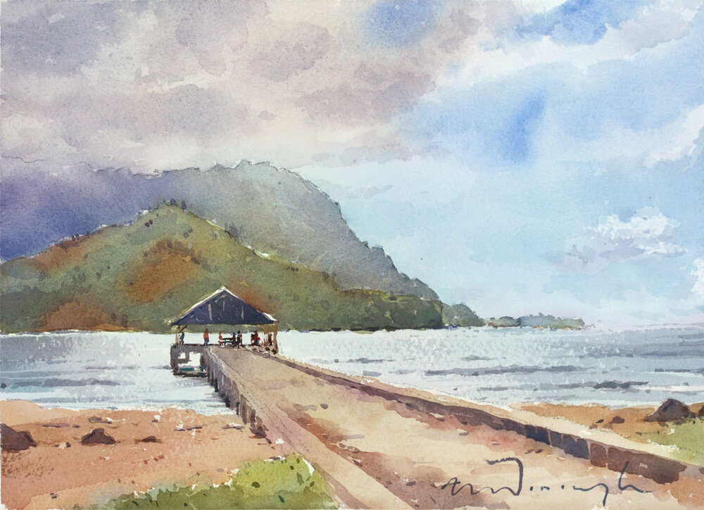 The Pier, Hanalei Bay, Kauai. Fine Art Prints & Watercolor Painting. — William Allen Mcdonough