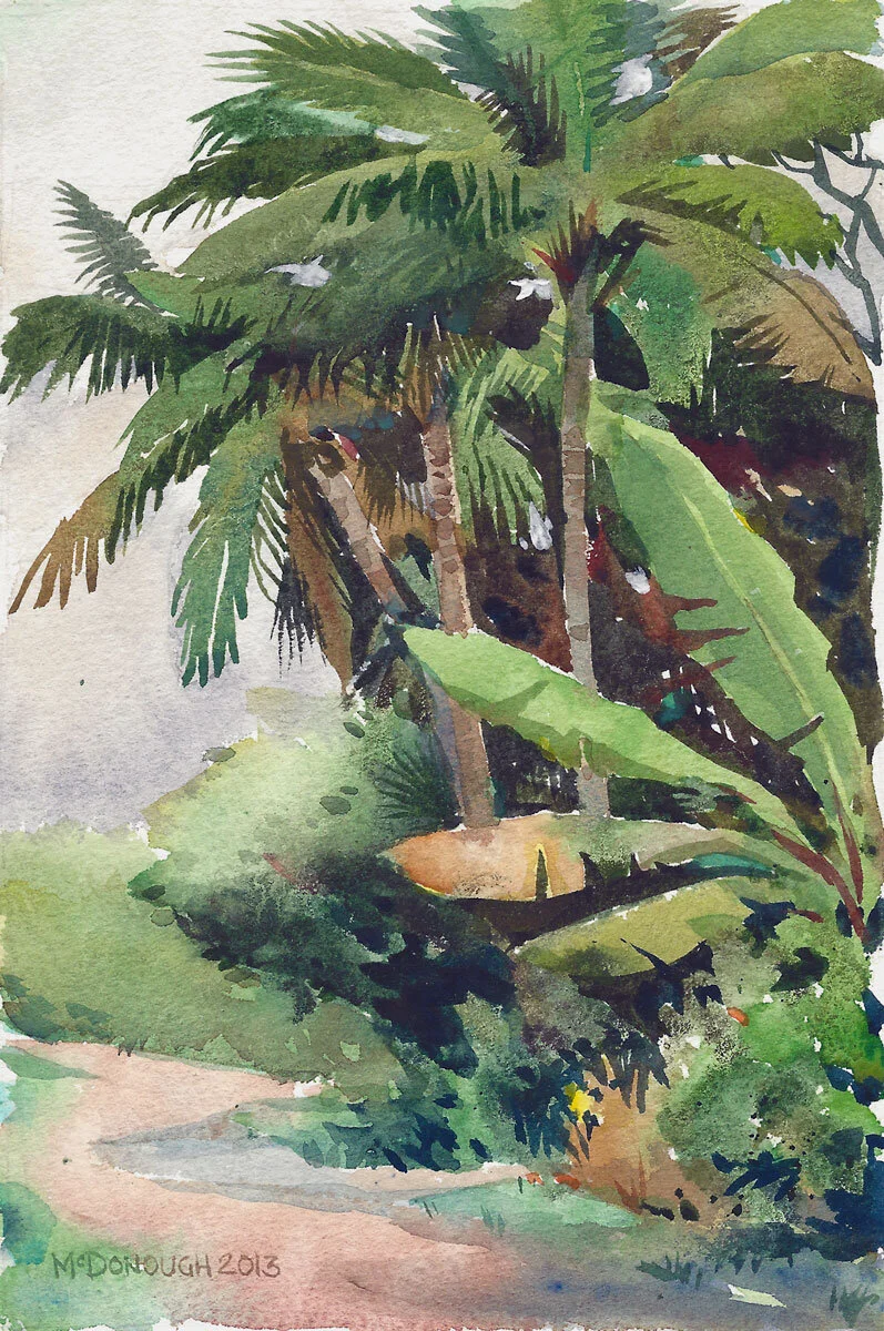 Palm Trees and Banana Leaves. Kauai. Fine Art Print of Watercolor Painting.