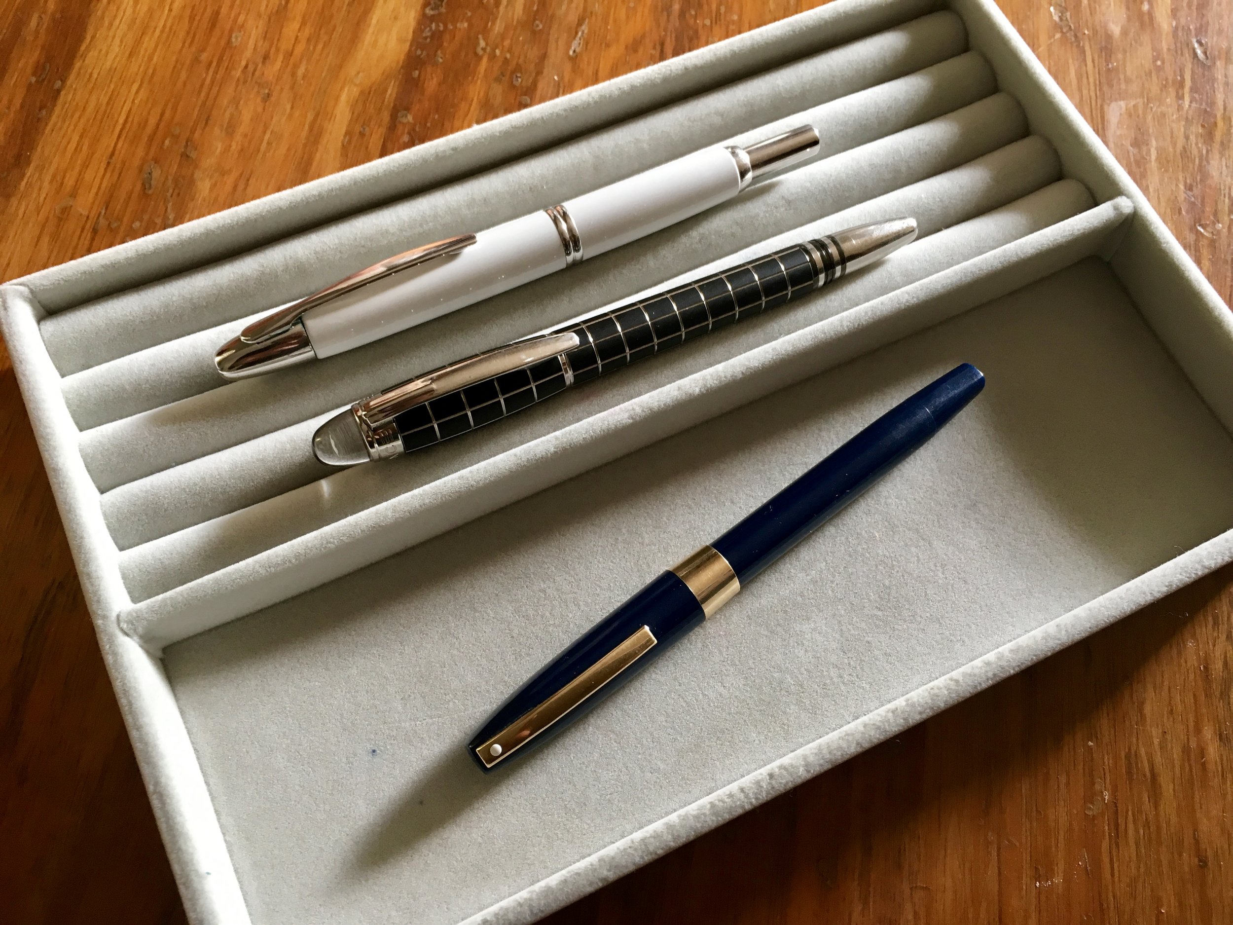 Sheaffer Imperial, Montblanc Starwalker, and Pilot Vanishing Point. 