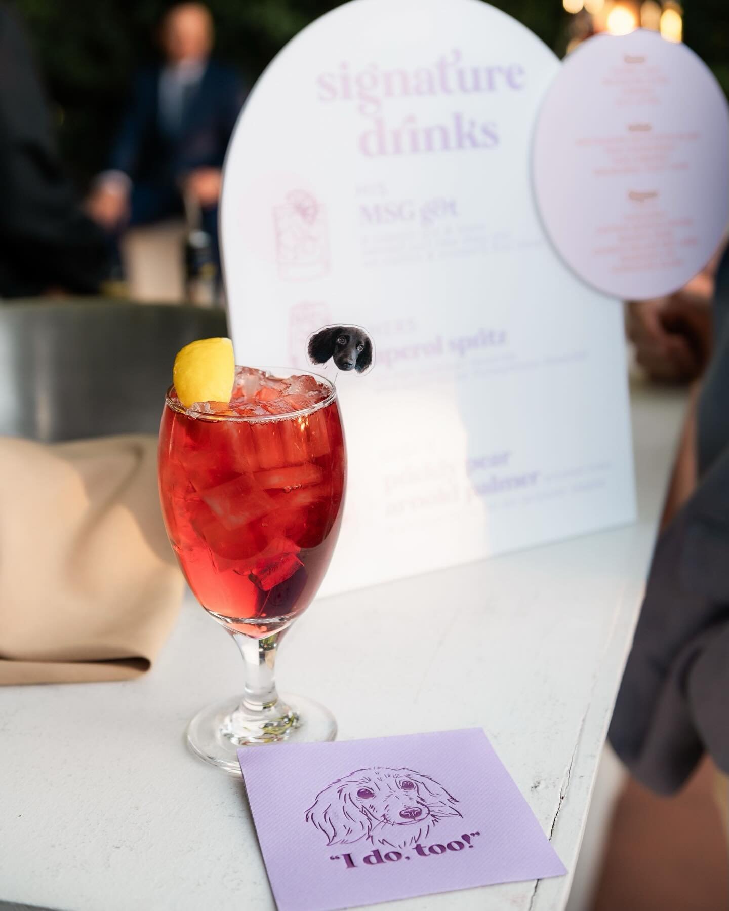 Loooooove incorporating your pets into cocktail hour. This pup&rsquo;s cute little face made an appearance on T&amp;C&rsquo;s drink menu, cocktail napkins, and stir sticks! Never enough Gigi! ✨

Photo: @joyandbenphotography | Planning: @revelweddingc