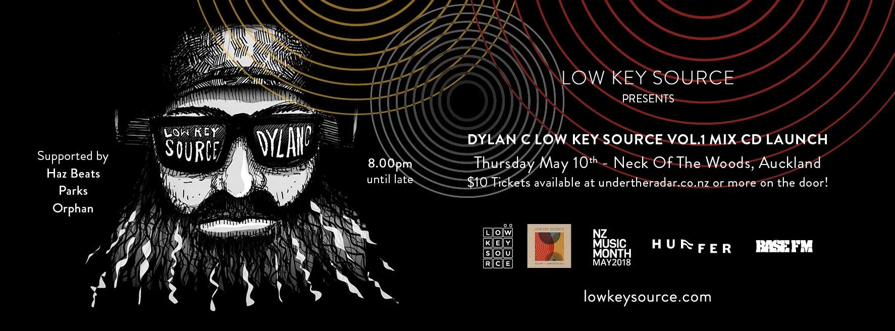 Low Key Source has dropped their first mix CD, a beast of an album mixed by Auckland's very own DJ Dylan C , and made up of music out of its extensive catalogue of releases, including tracks from The Roots newest member Stro Elliot , Australia’s COIN BANKS and Charlie Bucket, New Zealand’s Ladi6 , Haz Beats and CRIME HEAT , the UK’s Jehst and Children of Zeus alongside producers like the UK’s Eric Lau and Detroit’s Tall Black Guy Productions , and the exclusive remix of Raiza Biza 's “Strong Woman” featuring Remi. We're celebrating the launch of this mix CD with a beats fueled release party at Neck of the Woods with sets from Dylan C Haz Beats Parks Orphan Doors open 8PM, presale tickets just $10 DYLAN C Dylan C is an Auckland-based DJ, Programme Director for Base FM and co-host of the Base FM Breakfast Show. A strong supporter of local music, his DJ sets often feature local MCs and beatmakers alongside the best the rest of the world has to offer. He is one of a rare breed of DJ’s that can move between musical styles with ease – from classic Hip Hop to Deep House, Reggae to Drum & Bass, always reading the room to gauge the crowd while retaining his signature style.