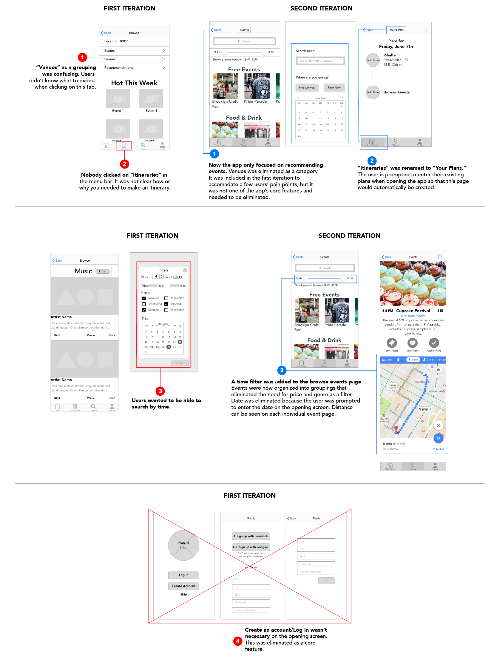 Image: A side by side comparison of the first and second iteration of wireframes to show improvements. 