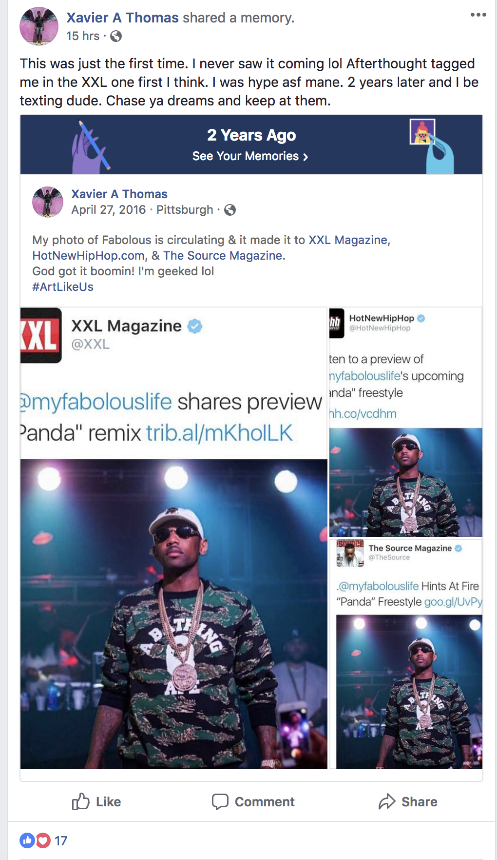 Thomas shared a Facebook memory when prominent publications XXL Magazine, Hot New Hip Hop and The Source Magazine published his photo.