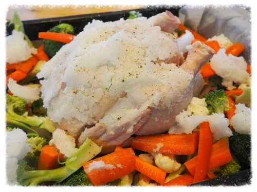 Before this bird entered the oven. Notice the thick layer of coconut oil and chunks over veggies. Yum!