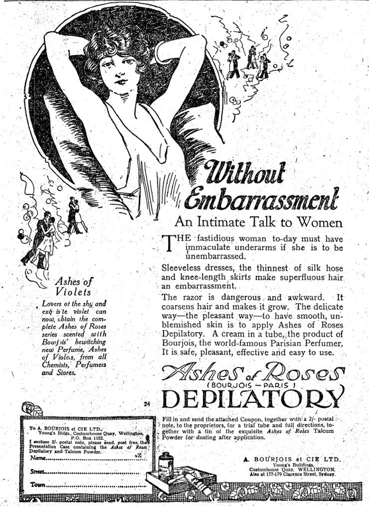 1920's Harper's Bazaar ad encouraging women to have "immaculate underarms" to avoid embarrassment and remain “fastidious” and on trend. Image via Bustle