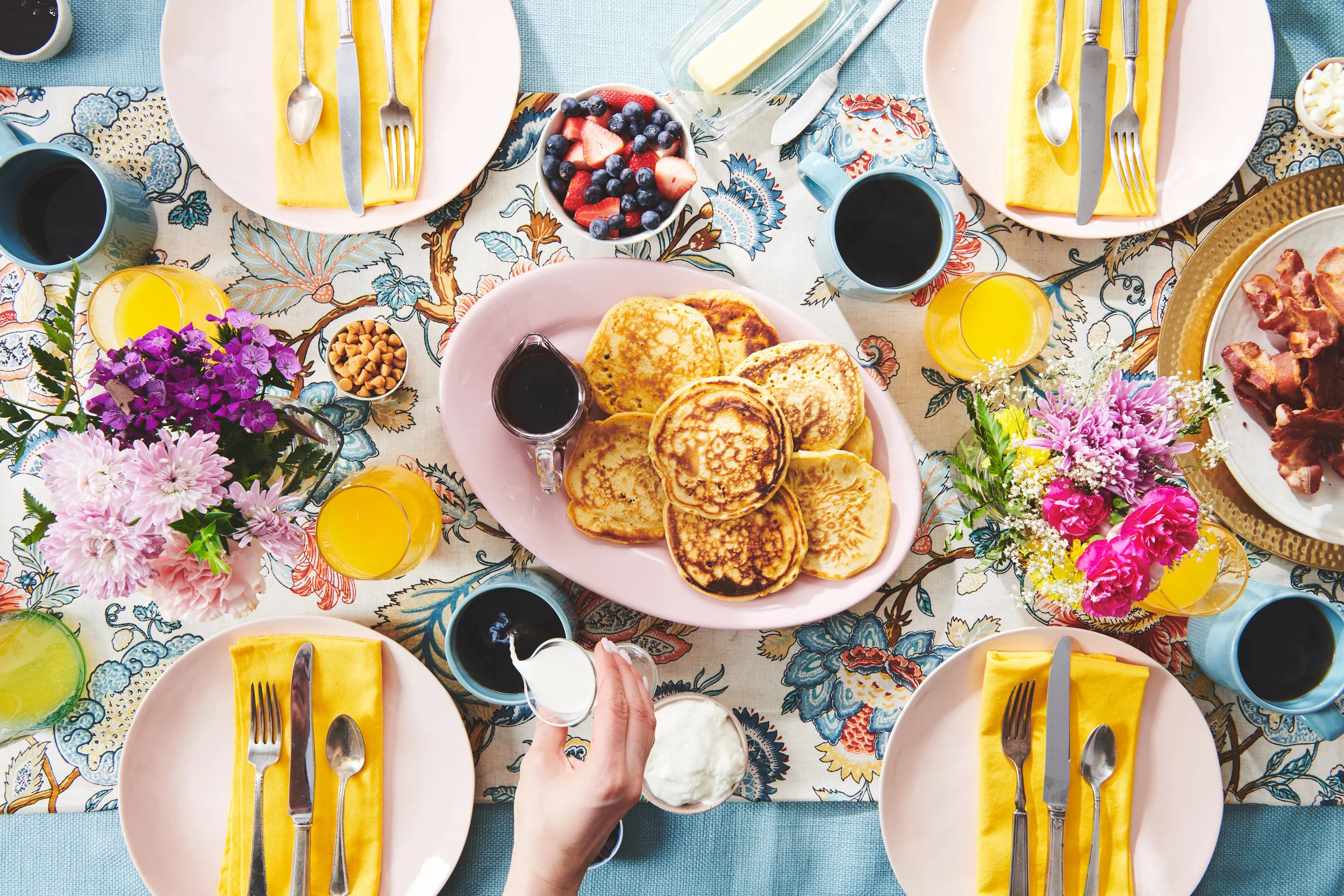 Breakfast Spread with Coffee, Pancakes, and Bacon