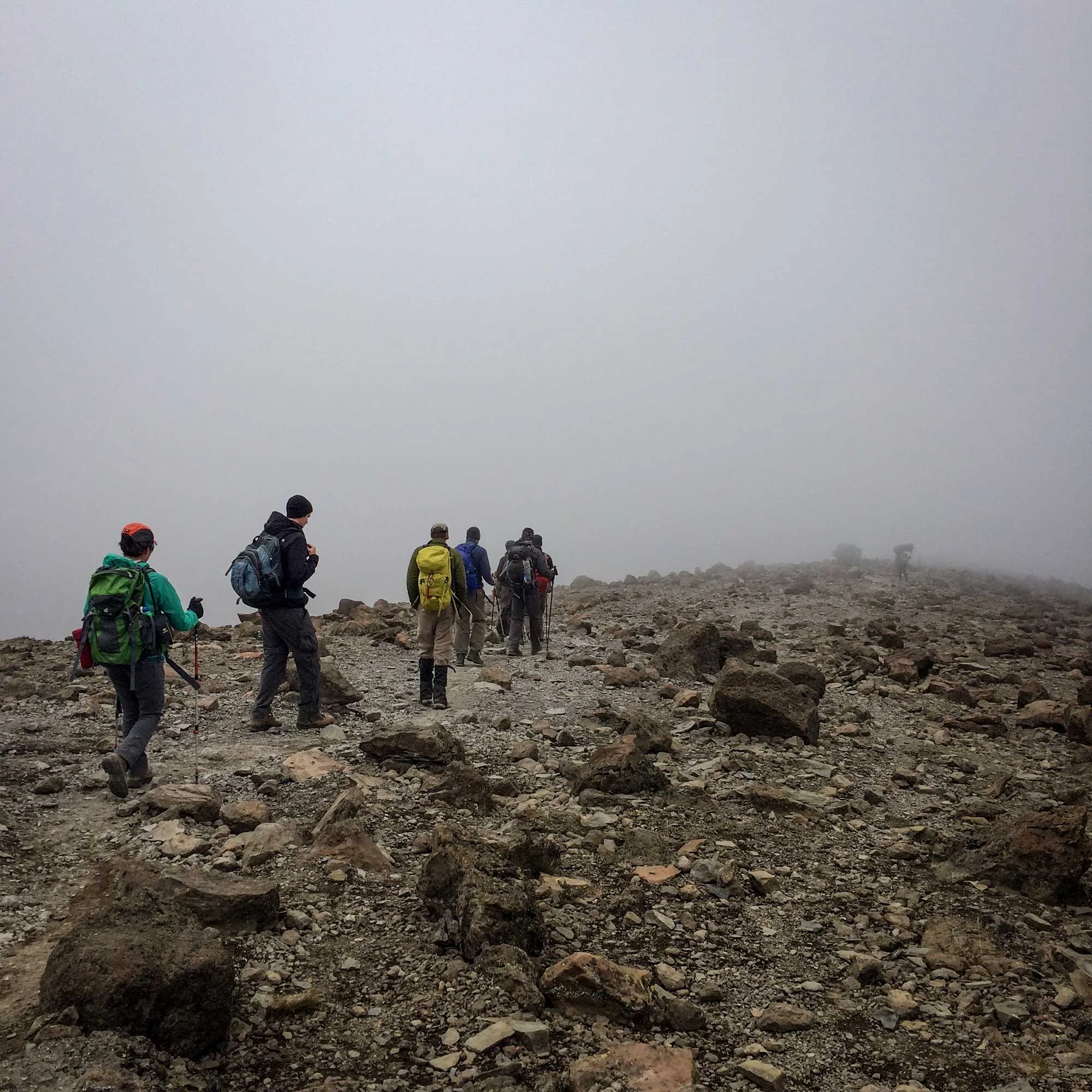 Summit day was the only big mileage day. After climbing to the Summit at 19,000+ feet, we descended through the fog to 10,000 feet later that same day.