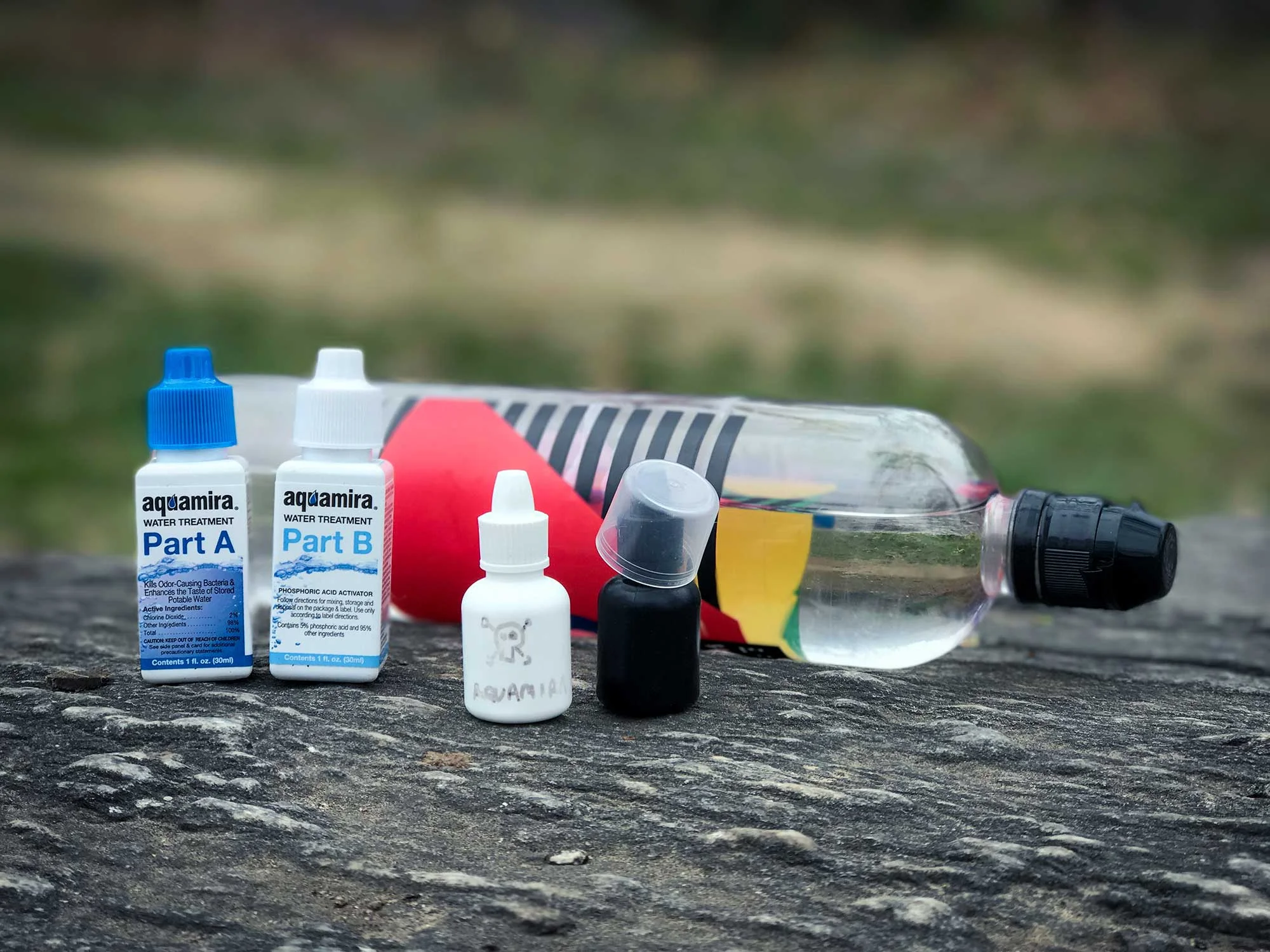 Aquamira is a two-part chemical treatment that can be repackaged in small, lightweight containers. It's very convenient, but because it is a consumable, you'll need to always be aware of how much is remaining.