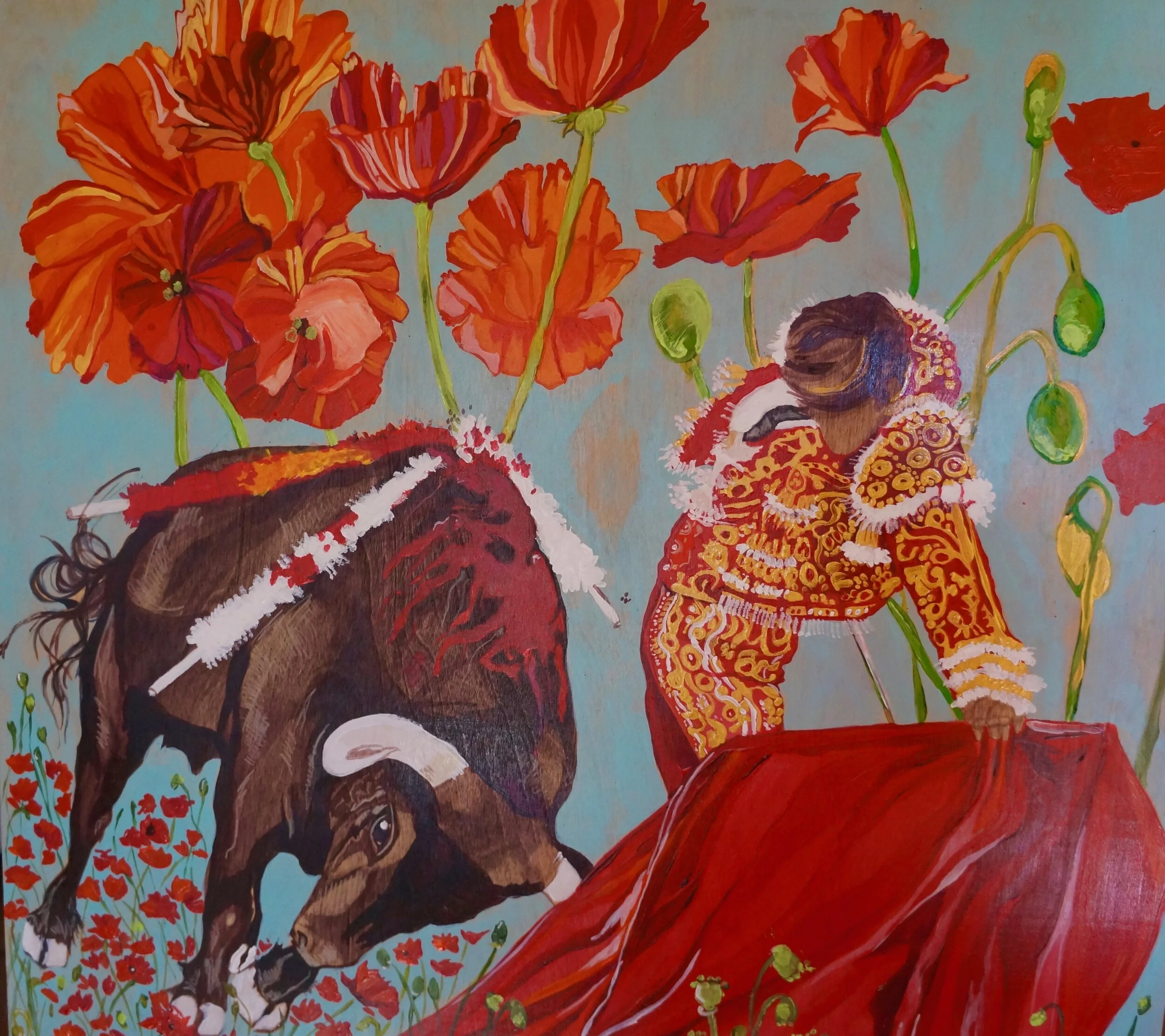 Bull and Red Carpet of Poppies