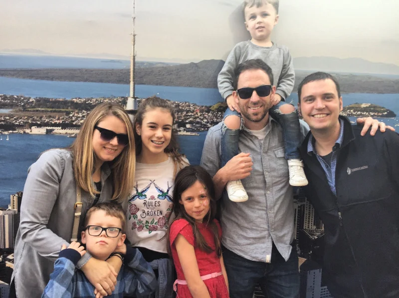 Nate and the kids pose at the sky tower with guests: Alison & Grace (Whitney's sister and her daughter), and Jason (a good mate and supporter from the USA)