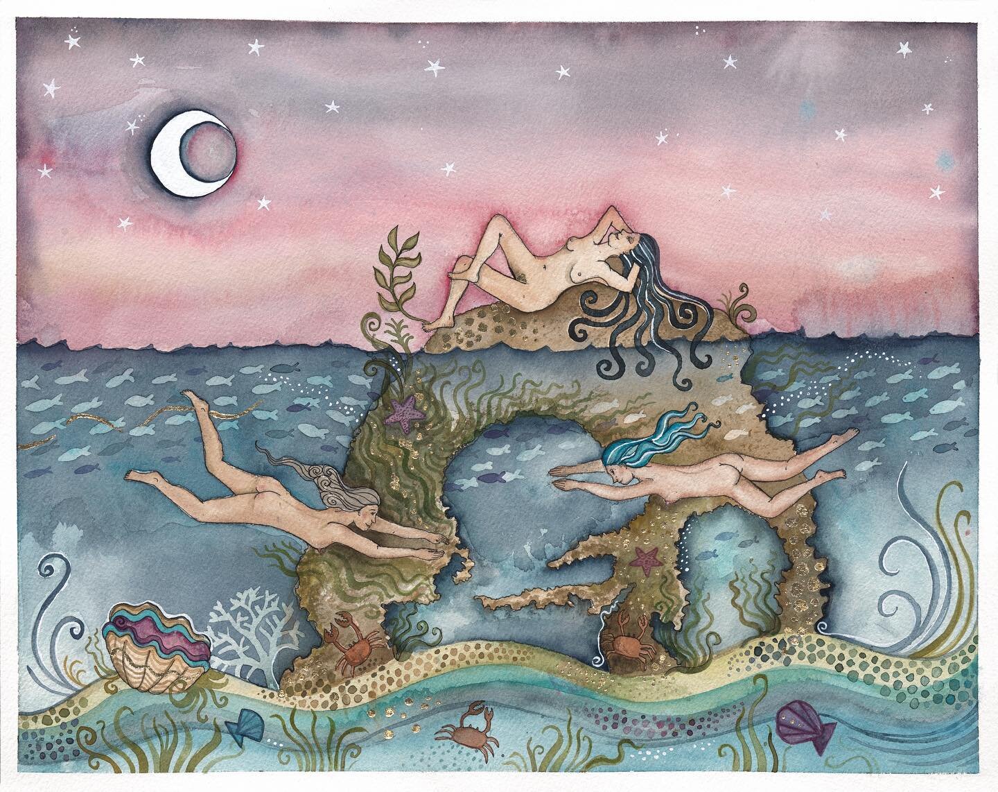 &ldquo;Half Moon Skinny Dip&rdquo;

Giclee print of an original watercolour artwork.

The Story:

The Goddess trio sneak out under a star lit sky to go for their weekly skinny dip and Moon bathe. Clams, crabs and schools of fish make the swim an utte