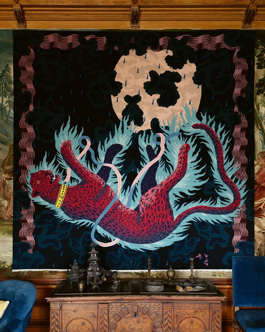 A blue-flamed leopard leaps through the night, the full moon shining magically behind a veil of clouds and rain. 
This scene forms the starting point for Austrian product designer Laurids Gall&eacute;e's narrative tapestry. The legend of Count Ladisl