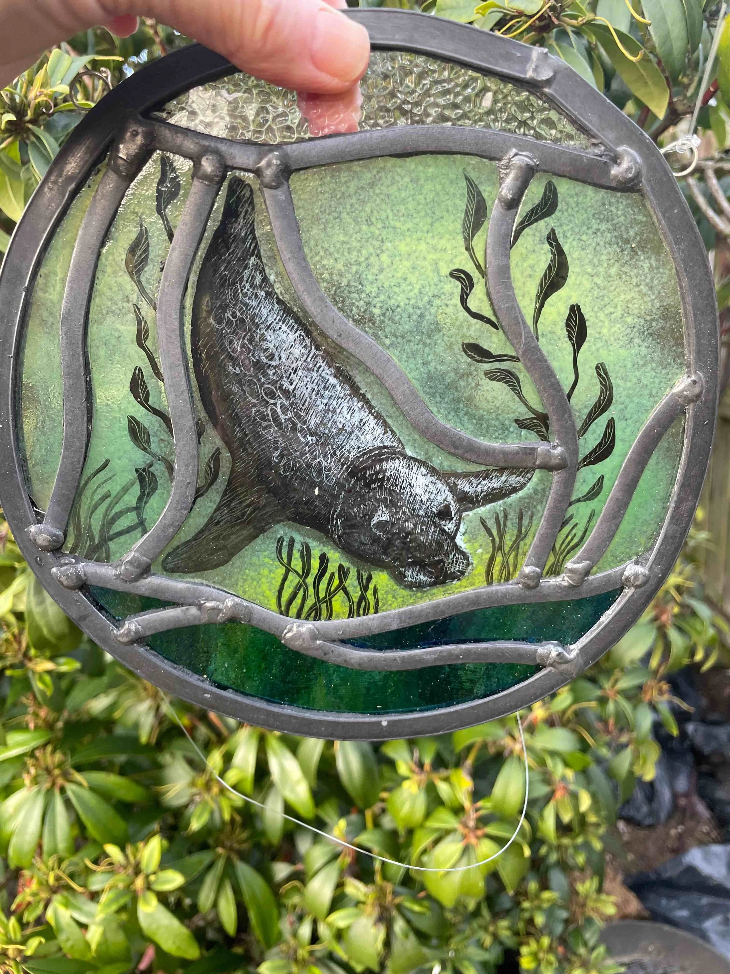 SMALL STAINED GLASS HANGING, SEAL SWIM