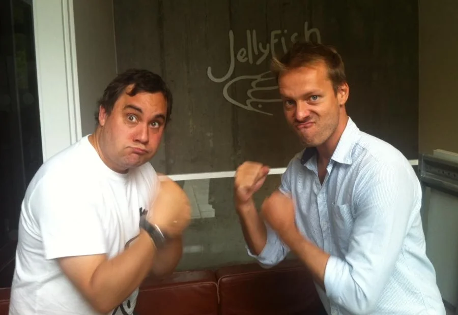 Getting warmed up for a story meeting! Me with director, Boris Hiestand, at Jellyfish Animation Studios in London.