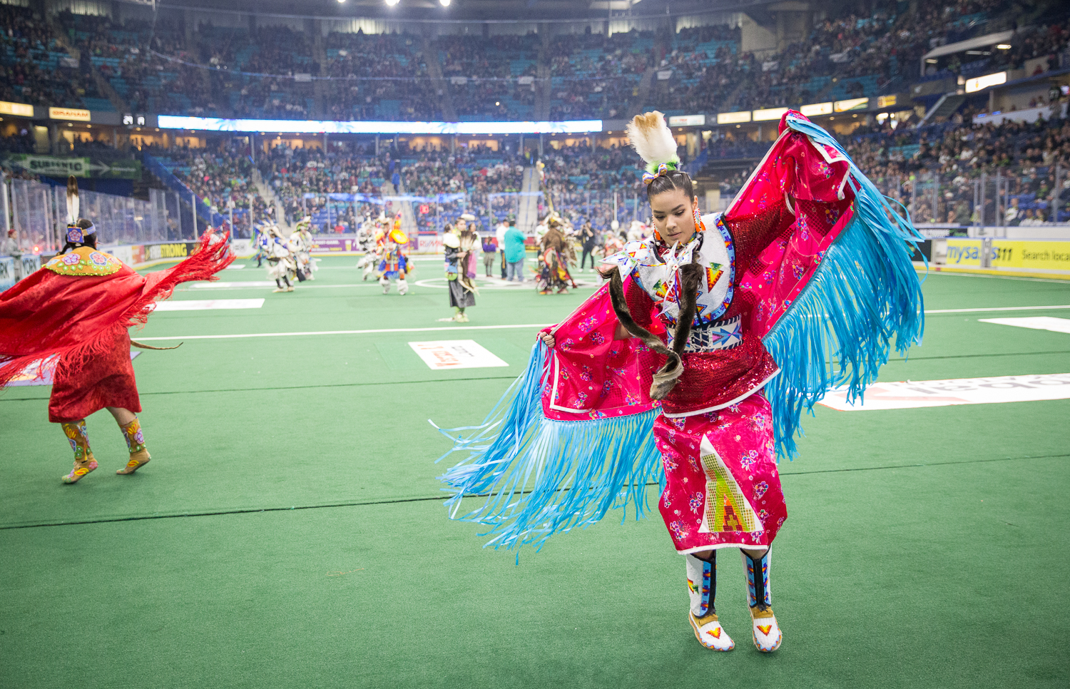 Indigenous dancers, drummers, and singers from the Saskatoon Public School Division took over the field at half time to perform and beautifully showcase another aspect of Canadian Culture.