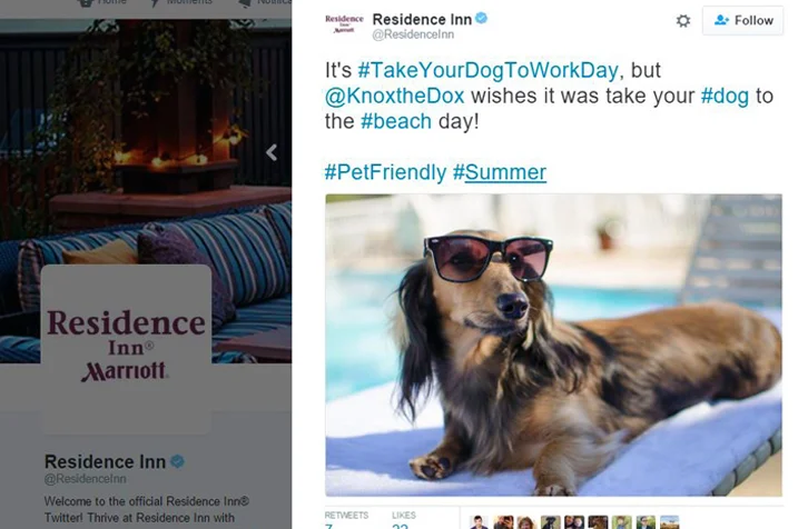 Residence Inn partners with puppy influencers to engage readers with creative content on Twitter. (Photo: Residence Inn’s Twitter page)