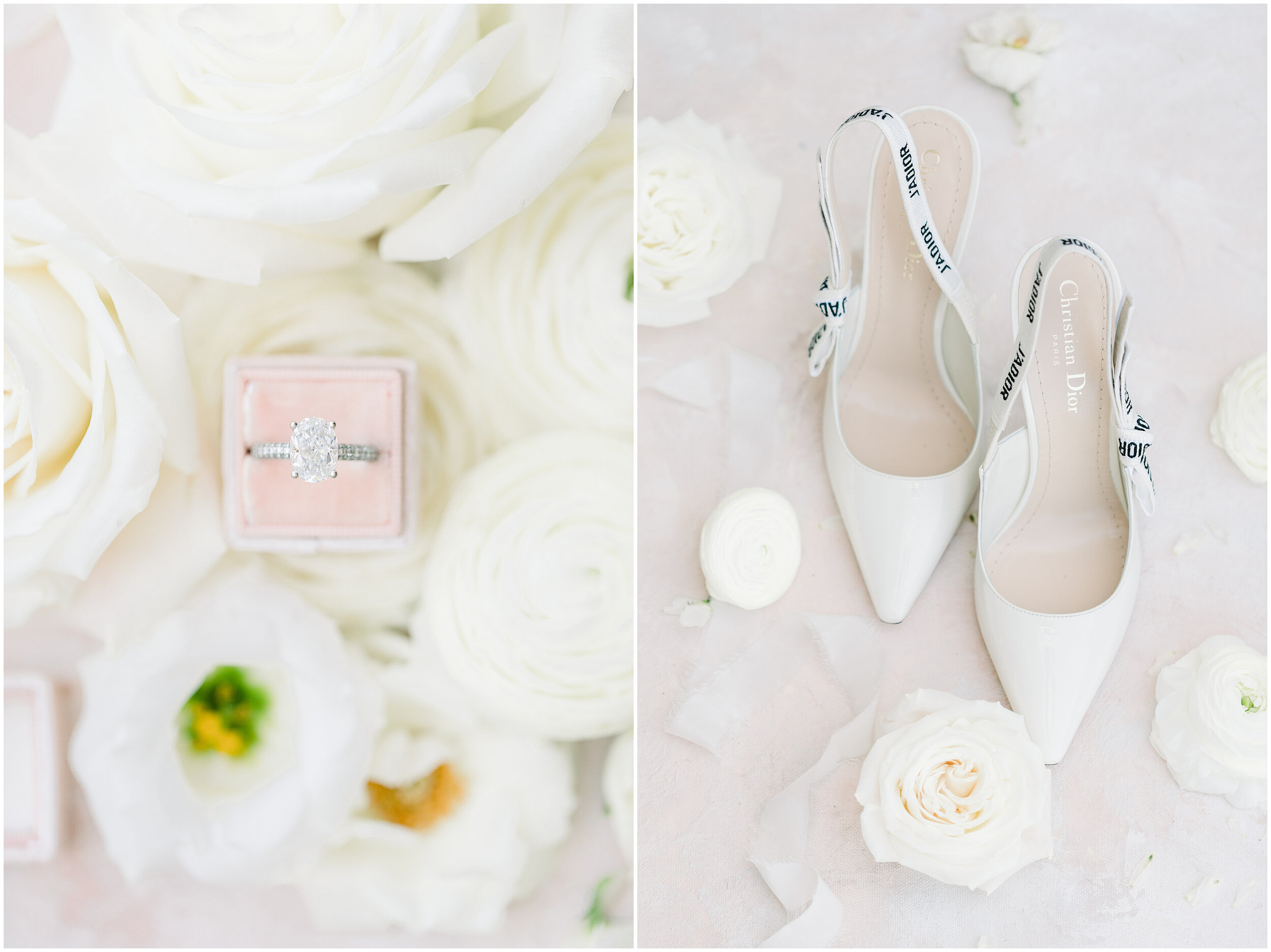  Detail shot of white peonies and roses and diamond wedding ring and white high heels wedding shoes by Chelsea Mason Photography in Ottawa, ON. carleton place kingston perth best wedding photographer in ottawa boho wedding white flower inspo for wedd