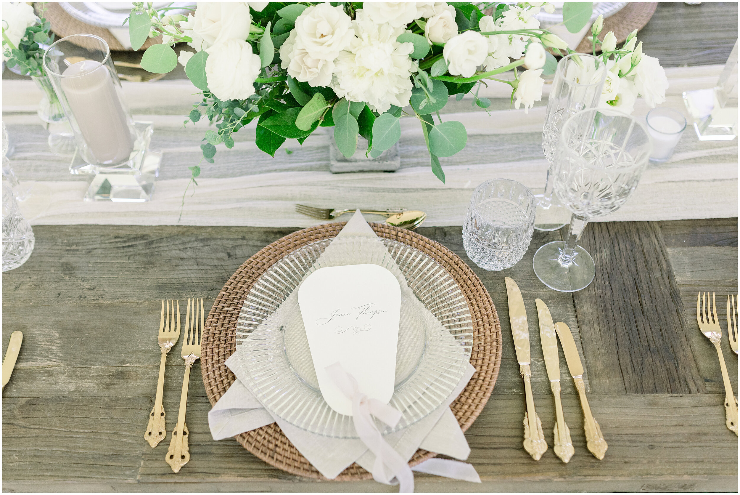  Gold and white place settings for outdoor boho wedding dinner with cursive place cards by Chelsea Morgan Photography in Ottawa, ON. ideas for place settings for wedding dinner outdoor wedding place settings how to set table for wedding dinner gold a
