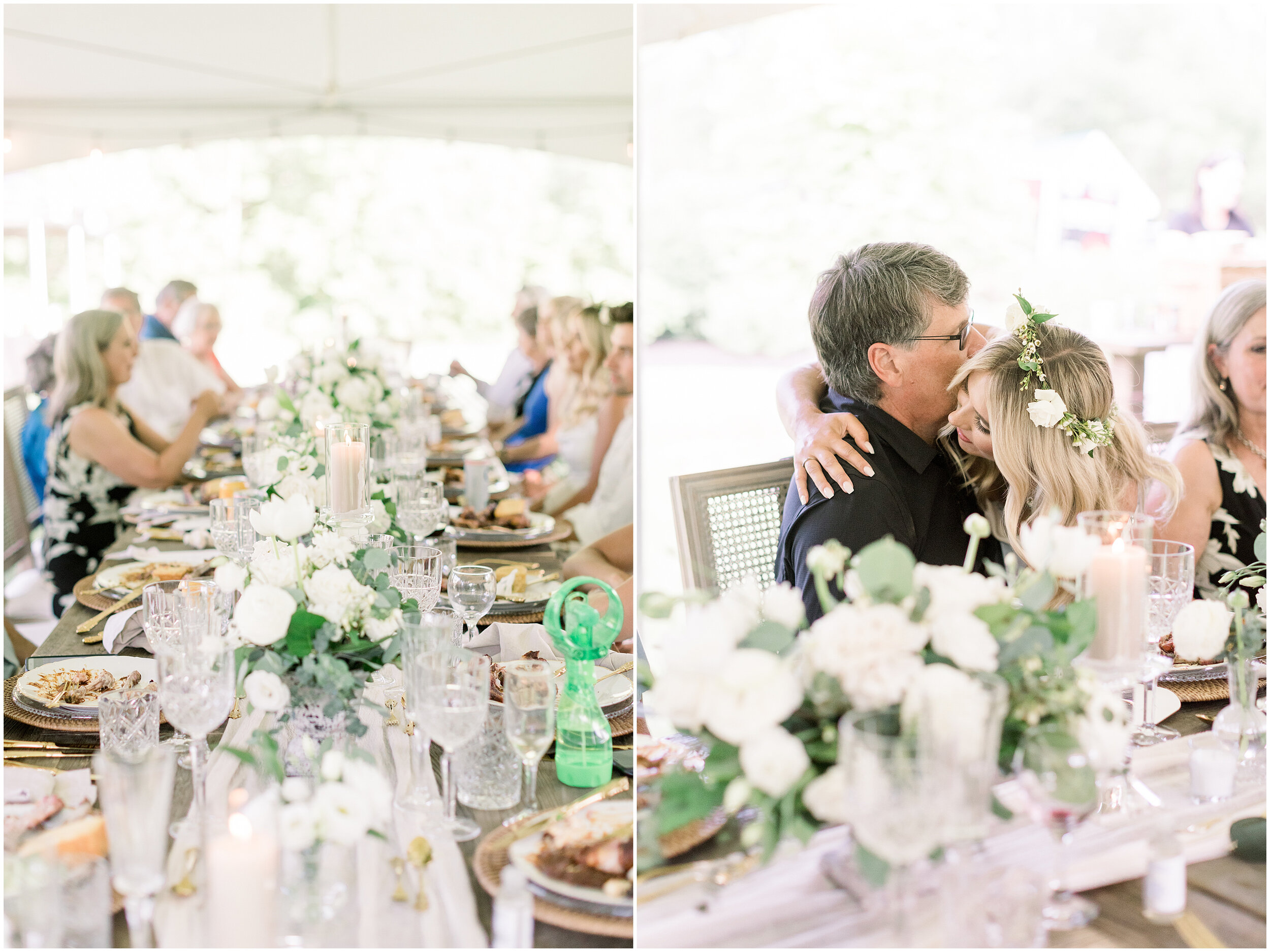  Outdoor backyard wedding with white tent and table decor during wedding dinner with white flowers by Chelsea Mason Photography in Ottawa, ON. how to decorate a table for wedding outdoor wedding table decor wedding dinner table decor white flower wed