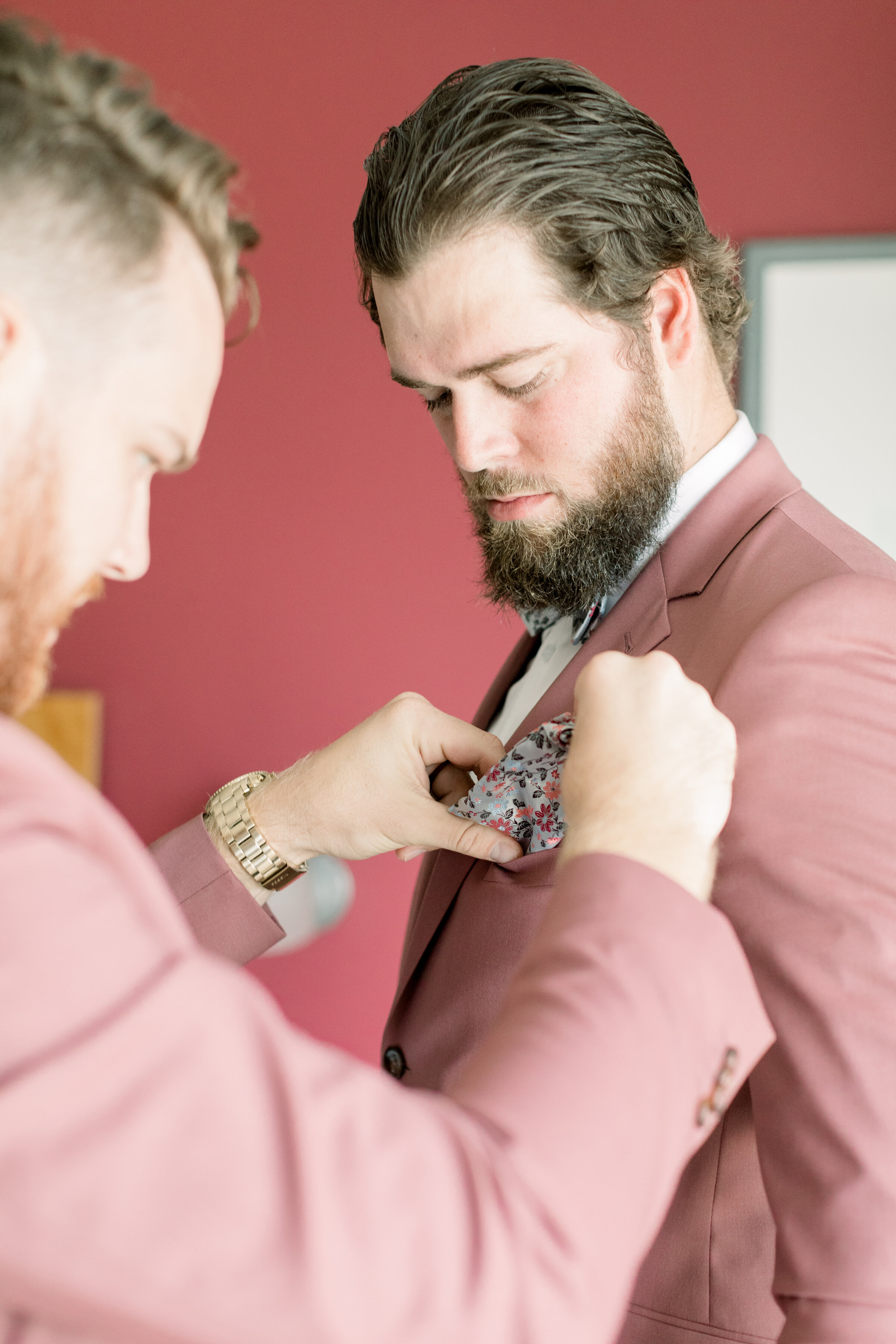  Handsome groom with facial hair beard and light red suit and gray floral tie for wedding day by Chelsea Mason Photography. what should groom wear to wedding casual suits for grooms cool suits for groom hipster suits for groom outfit inspo for groom 