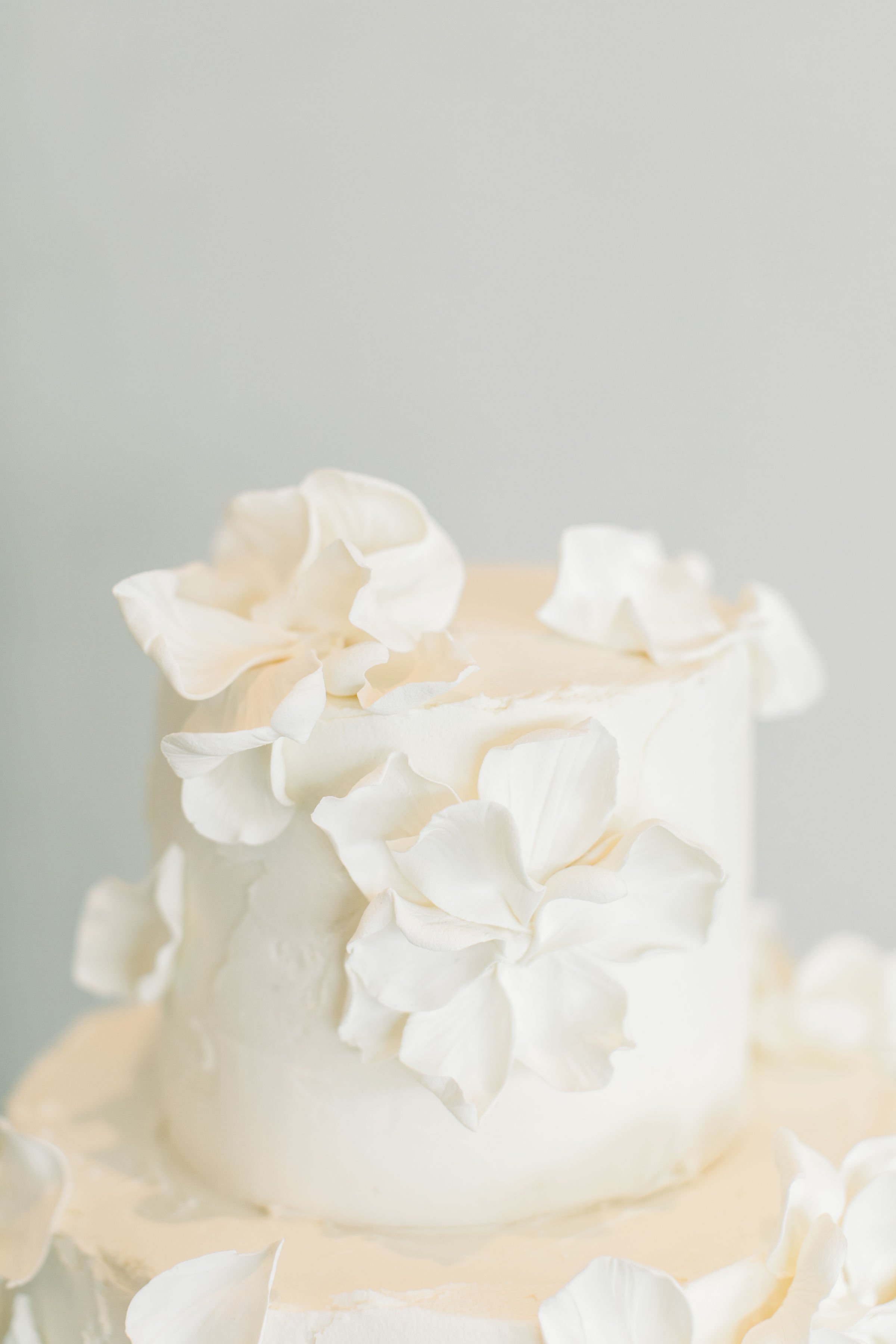  White buttercream wedding cake with fondant flower petal details by Chelsea Mason Photography. flower petal wedding cake two tier #Quebecweddings #elegantoutdoorwedding #Quebecweddingphotographers #Chelseamasonphotography #Chelseamasonweddings 