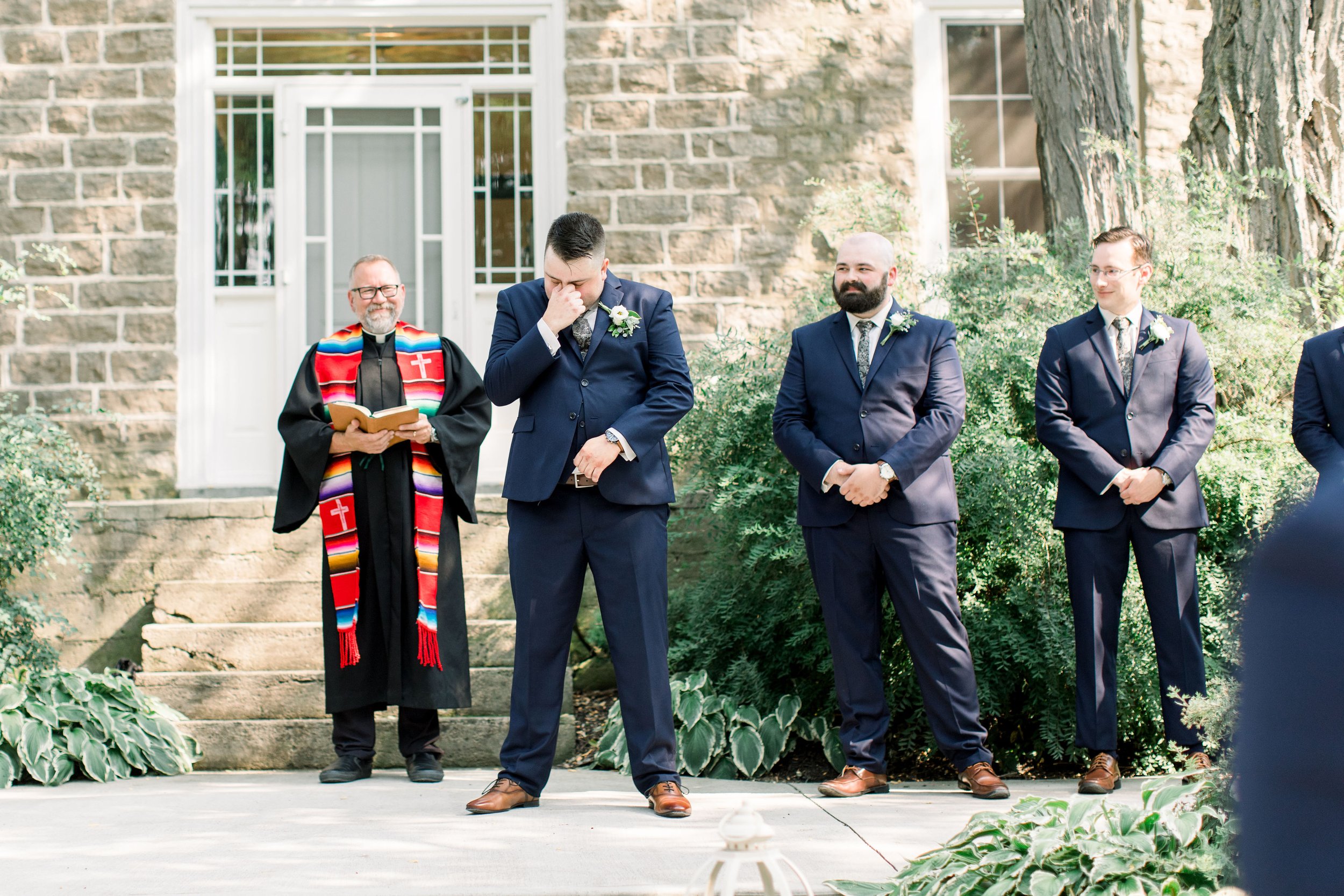  Groom tears up as he sees his bride coming down the aisle at Stonefield Estates in Ontario by Chelsea Mason Photography. groom tears #StonefieldEstates #Ontarioweddings #Chelseamasonphotography #Chelseamasonengagements #Ontarioweddingphotographers 
