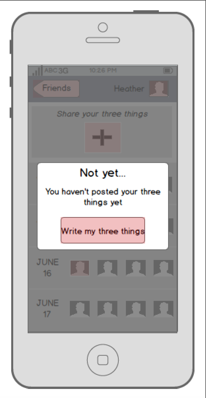 An early prototype forced the user to author their entries for the day before viewing their friends entries. Ultimately, we felt it was too paternalistic. 