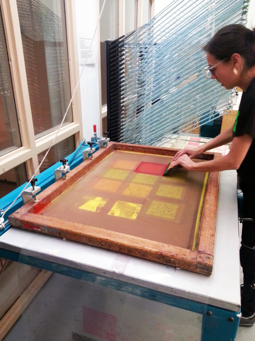 Last minute silkscreening: Whess worked while we chatted. This process enchants me.