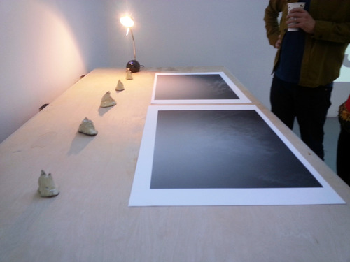 Installation of raku mountains and photographs at open studios in Banff