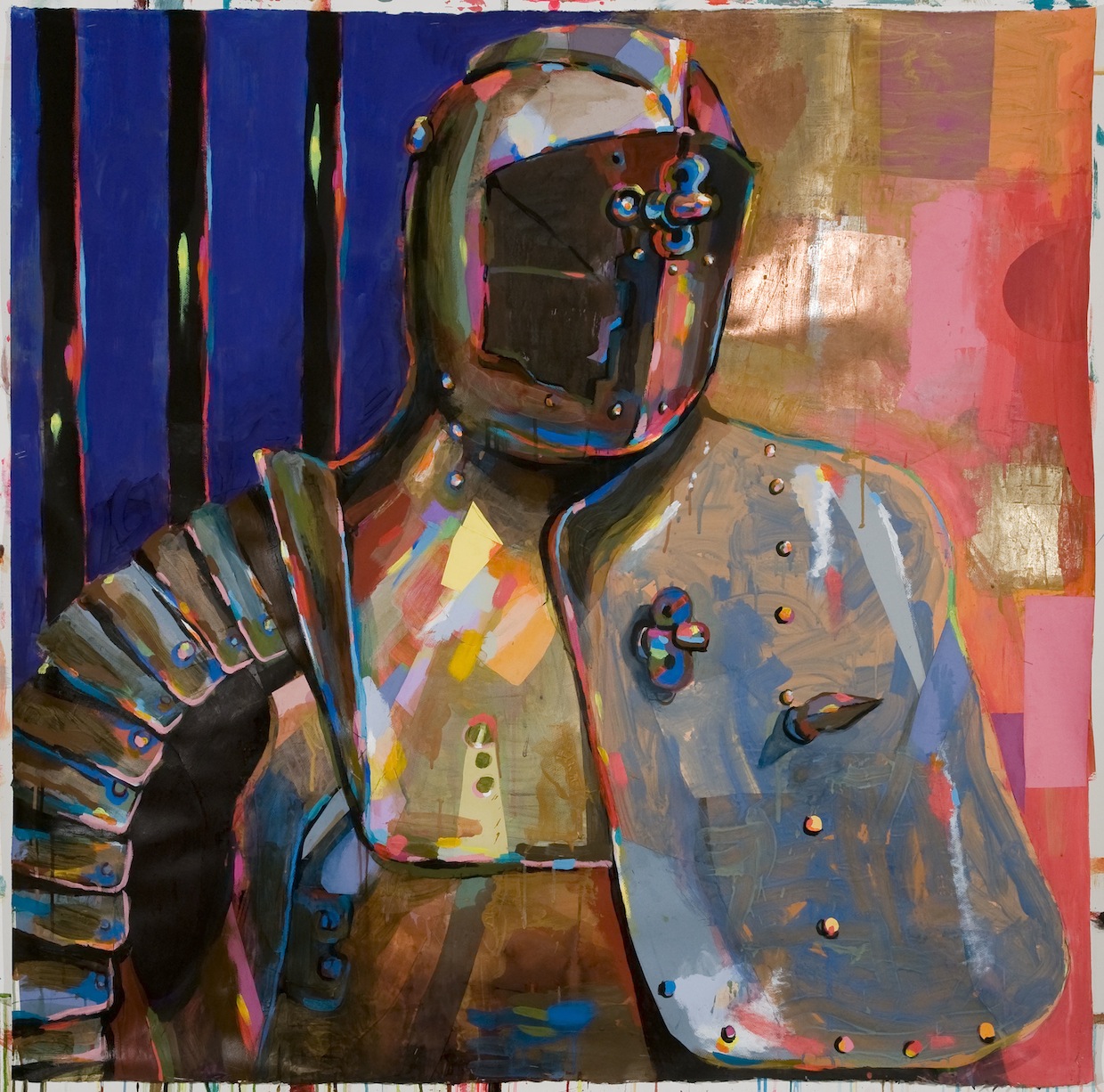 Battle Armor II , 2012, acrylic, ink, collage, gold and copper leaf on paper, 51.5 x 52 inches