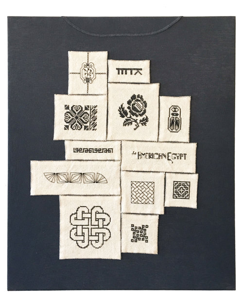 Damascus Gate, 2016, Hand-embroidery in cotton on Palestinian hand-woven cotton on canvas, 24 x 20 Inches