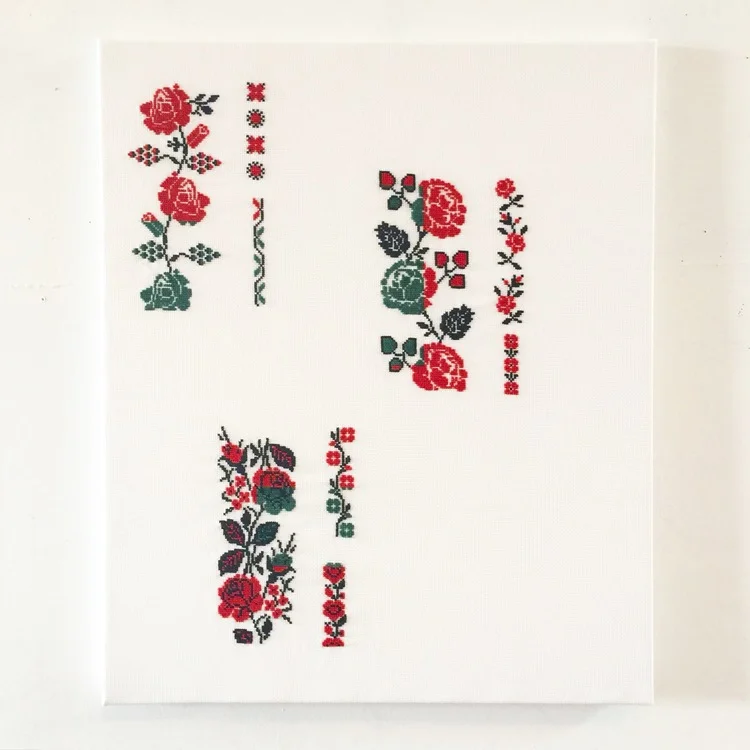 Antique Palestinian Rose Patterns 1-3 , 2015, Hand-embroidery in cotton on Aida on canvas, 24 x 20 Inches