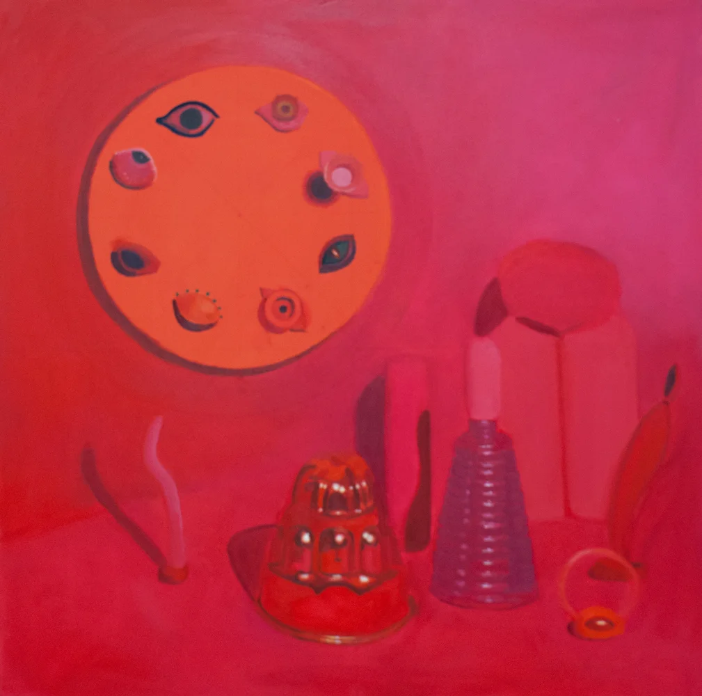Pink Still Life , oil on velvet, 36 x 36 inches
