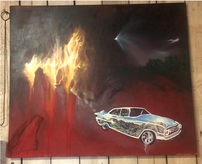 Drive Back: Ride into the sun/ American landscape series, 2018, oil paint, house paint, studio rag, 6’ x 5’