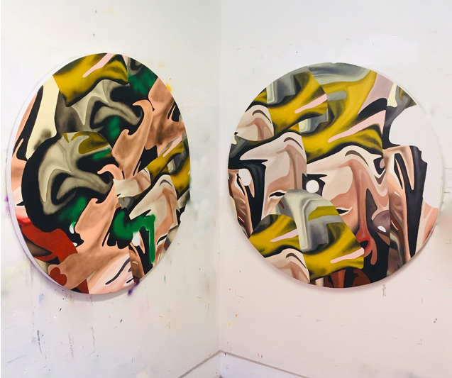 Left: Double Decker, 2018, Acrylic on canvas, 46 inches Right: Dank Ass, 2018, Acrylic on canvas, 48 inches,