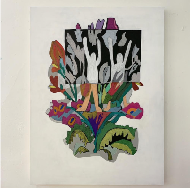Untitled ( eden ) after, 2019, Wax oil pastels , colored pencil, Color gesso and acrylic paint on panel, 40” x 30”
