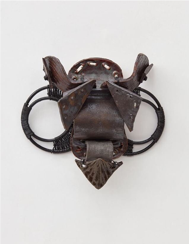 Bushido ll, 2018, Glazed stoneware, zip ties and purse handles, 18” x 15” x 6”