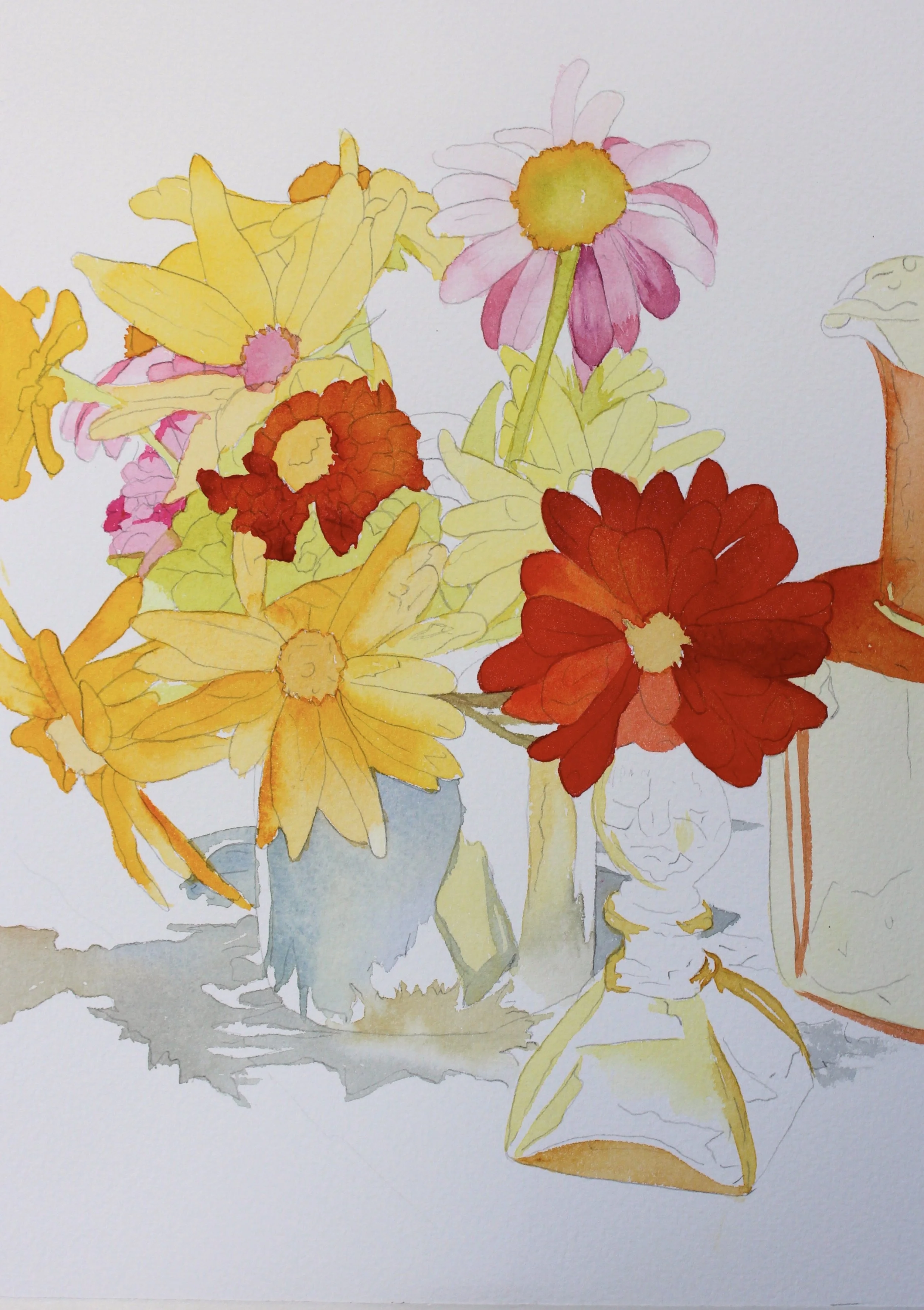 I am using a lot of Indian yellow and Quinacridone Gold for the warm yellows and the red is a beautiful warm red called Perelyne Scarlet by Daniel Smith with some Quinacridone Sienna. 