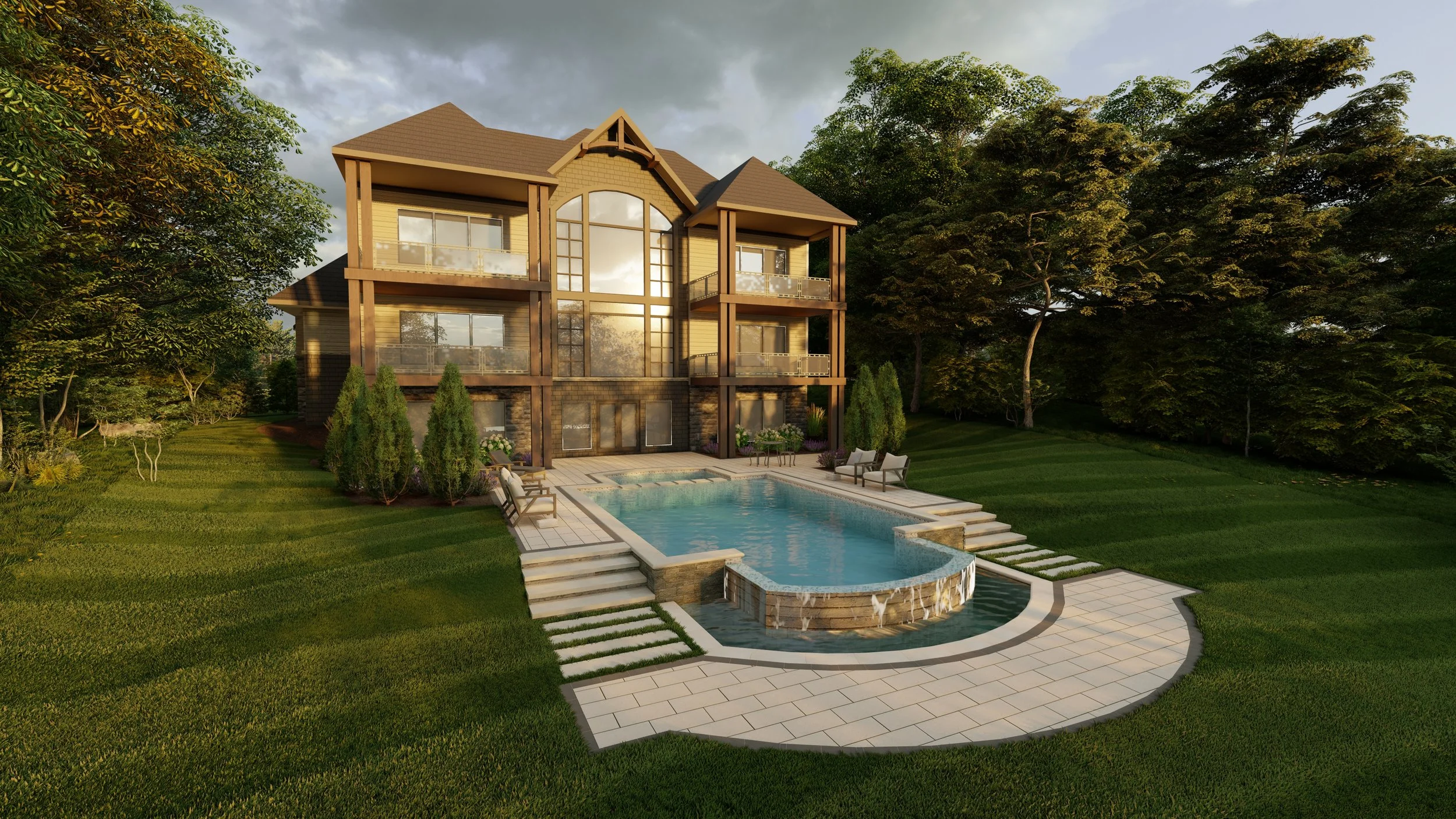 3D rendering of backyard infinity pool overlooking a lake