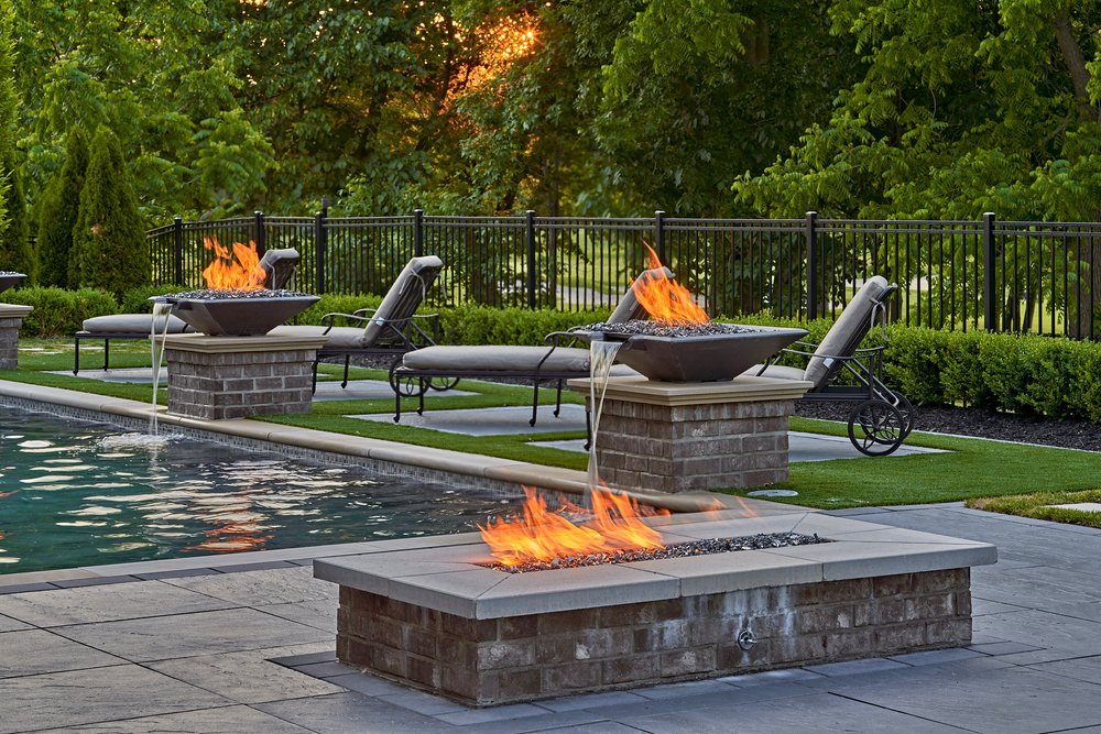 Pool with fire and water bowls