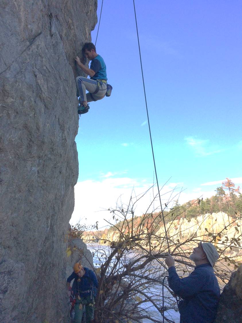 Erik climbing backscratcher along Great Falls, Virginia side.