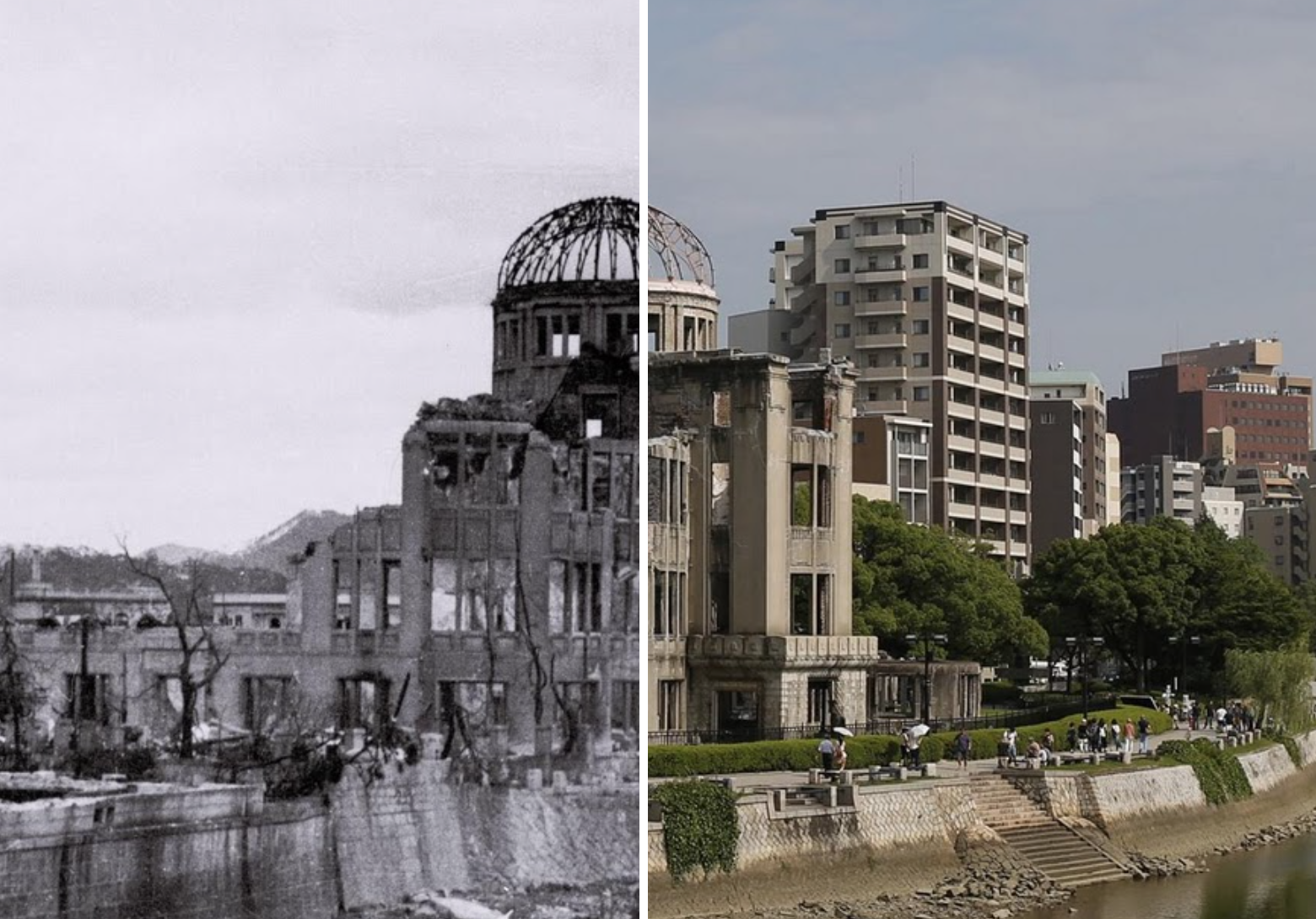 Before: The Hiroshima Prefectural Industrial Promotion Hall immediately after the bomb fell. After: Today’s structure has been preserved exactly as it was 70 years ago. The city’s Peace Memorial Park surrounds the building, also known as the Genbaku Dome. Taken from Reuters.