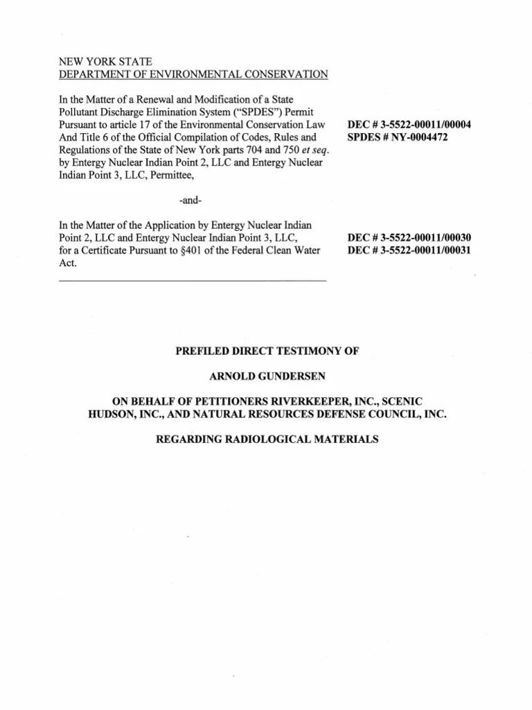 Arnie Gundersens' Expert Witness Testimony on Radiological Materials at Indian Point