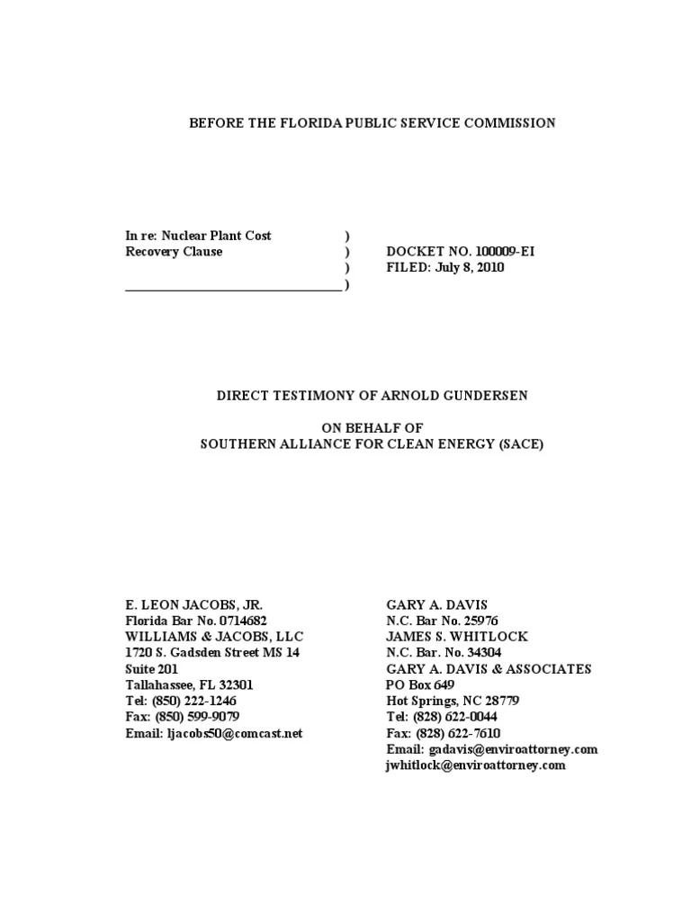 Arnie Gundersen's Testimony on the proposed Levy County and Turkey Point AP1000 Construction Projects