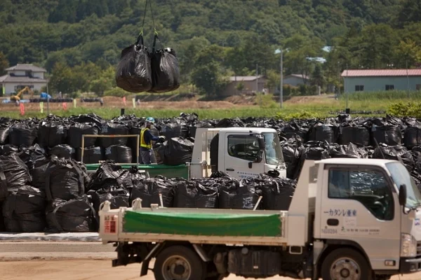 Radioactive debris from the Fukushima Prefecture is stored in bags
