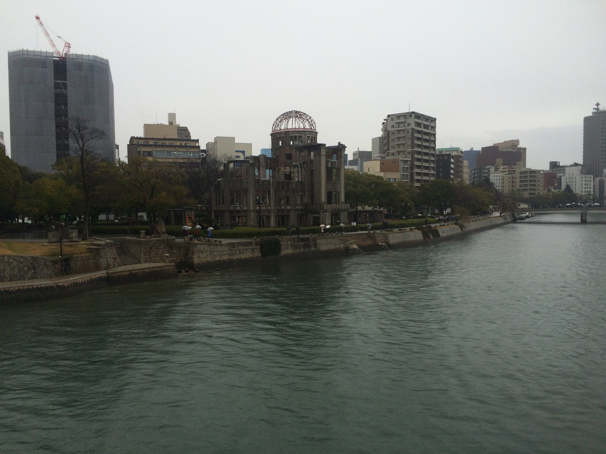 Genbaku Dome was the only building to survive the atomic bombing of Hiroshima, although all those inside died of radiation. After the bomb hit, the river was filled with bodies.