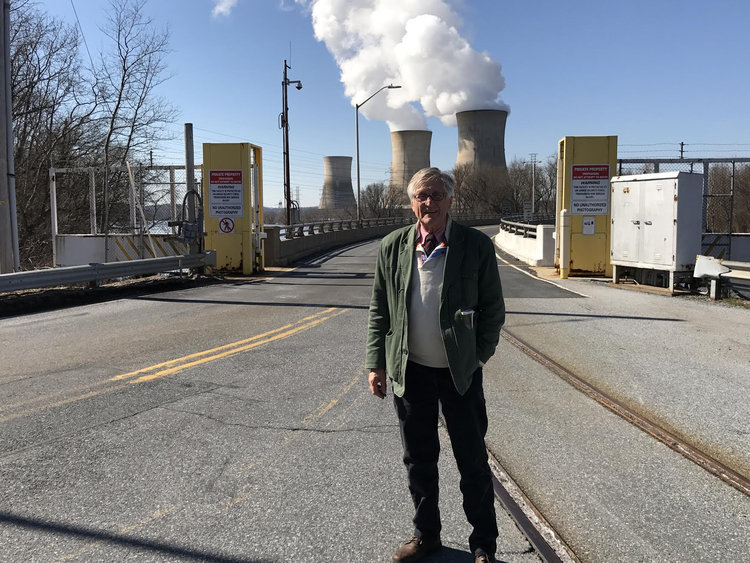 Arnie at the entrance to Three Mile Island in Pennsylvania.