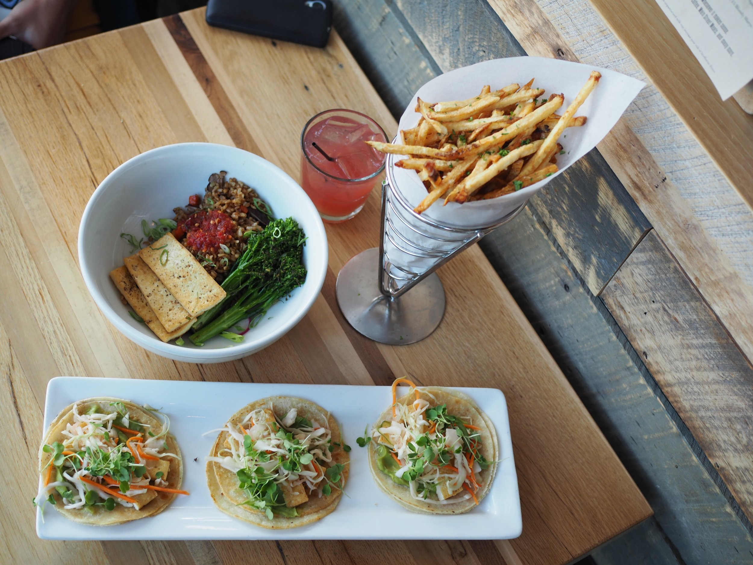 Tofu tacos, Fries, and Fried Rice at The Flying Squirrel
