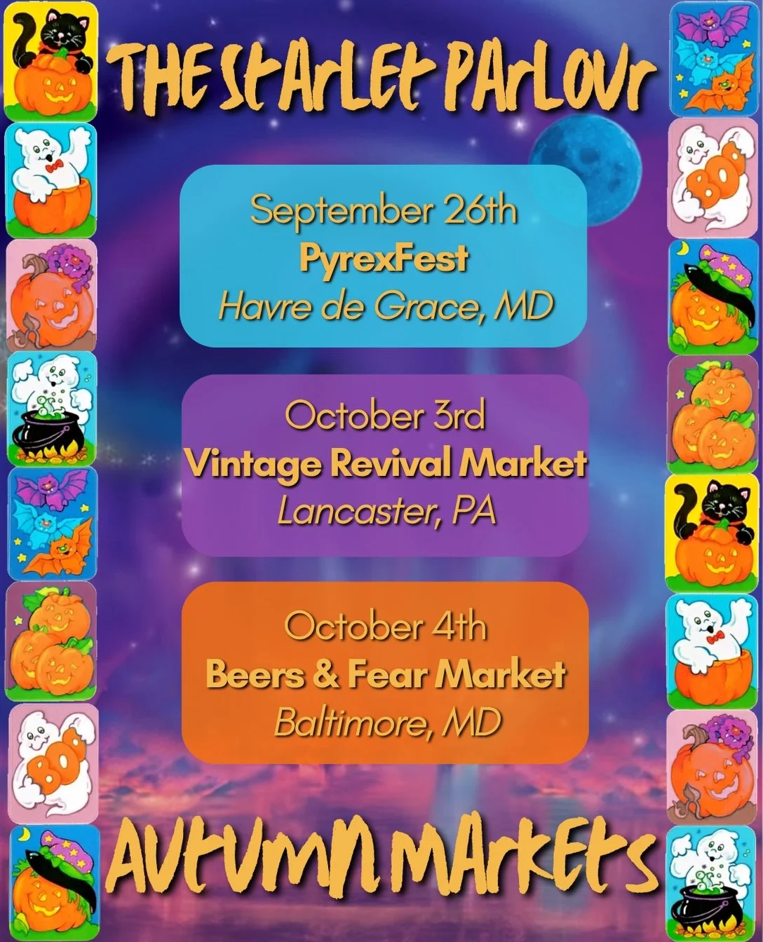 Gals &amp; Pals here&rsquo;s my upcoming batch of markets! 

🩵Pyrex &amp; Vintage Fest
September 20th
Havre de Grace, MD 

💜Vintage Revival Market
October 3rd
Lancaster, PA

🧡Beers &amp; Fear Halloween Market
October 4th
Baltimore, MD 

🩵Pyrex &a